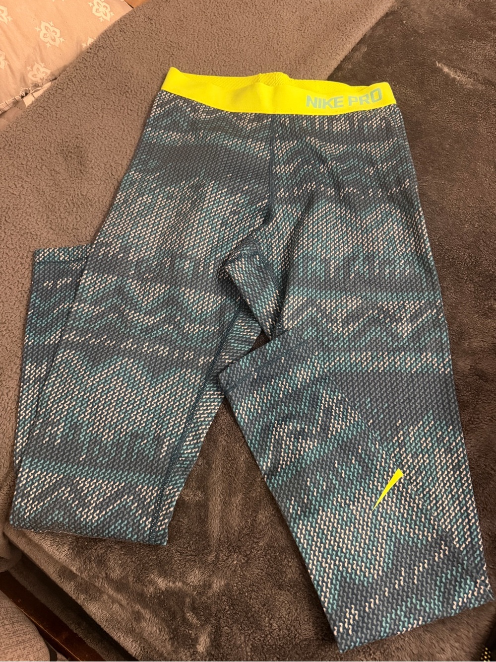 Nike Teal and Gray Patterned Pro Training Capris with Yellow Waistband
